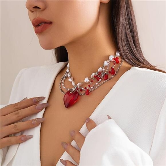 Layered Chunky Puffy Heart Choker Necklace Cute Y2k Necklace Red Crystal Heart - Picture 6 of 7